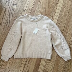 Elie Women's Oatmeal Wool Alpaca Blend Embroidered Sleeve‎ Sweater Size L